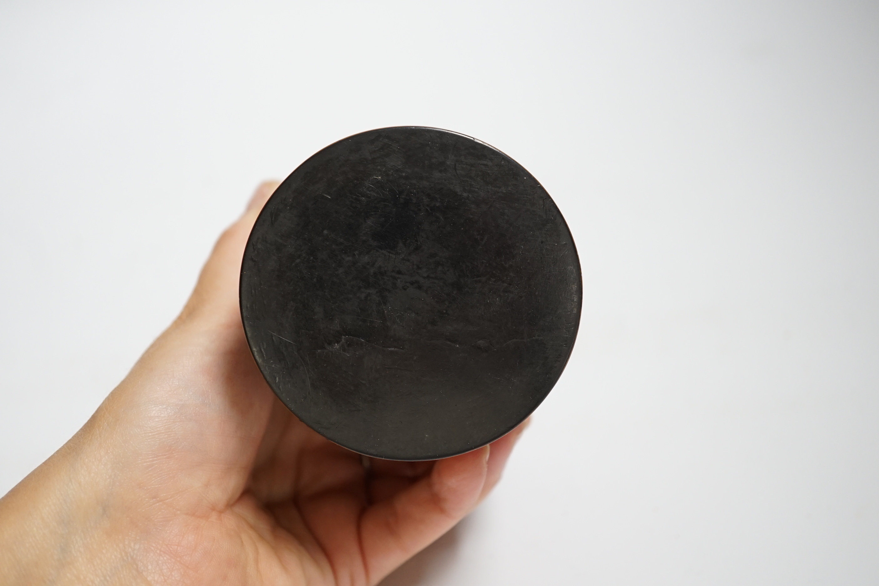 A Chinese burr wood brush pot with traces of lacquer, signed, 9cm